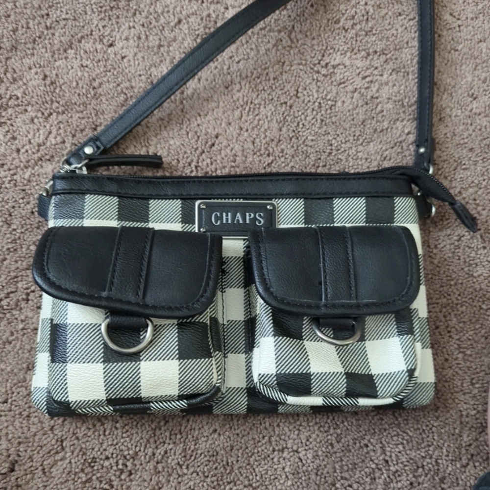 Chaps Black and Cream Checkered Crossbody Bag